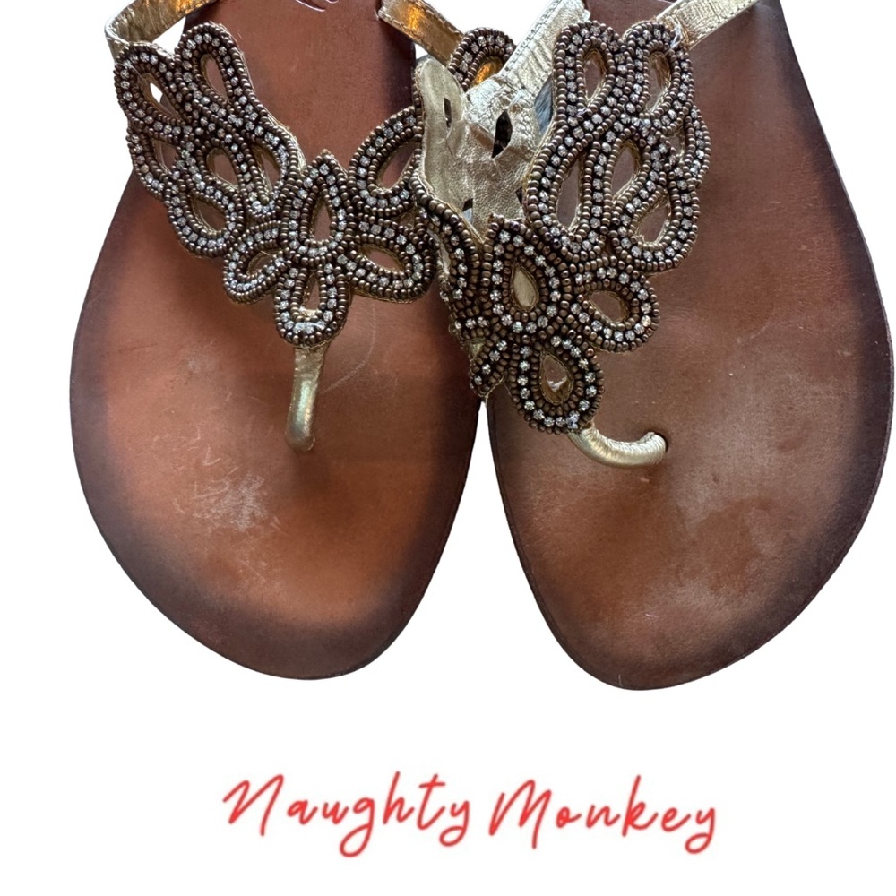 Naughty MonkeyTwisty Gold Crystal Beaded sandals Thong Flats 9.5 EUC with Box - Picture 3 of 8